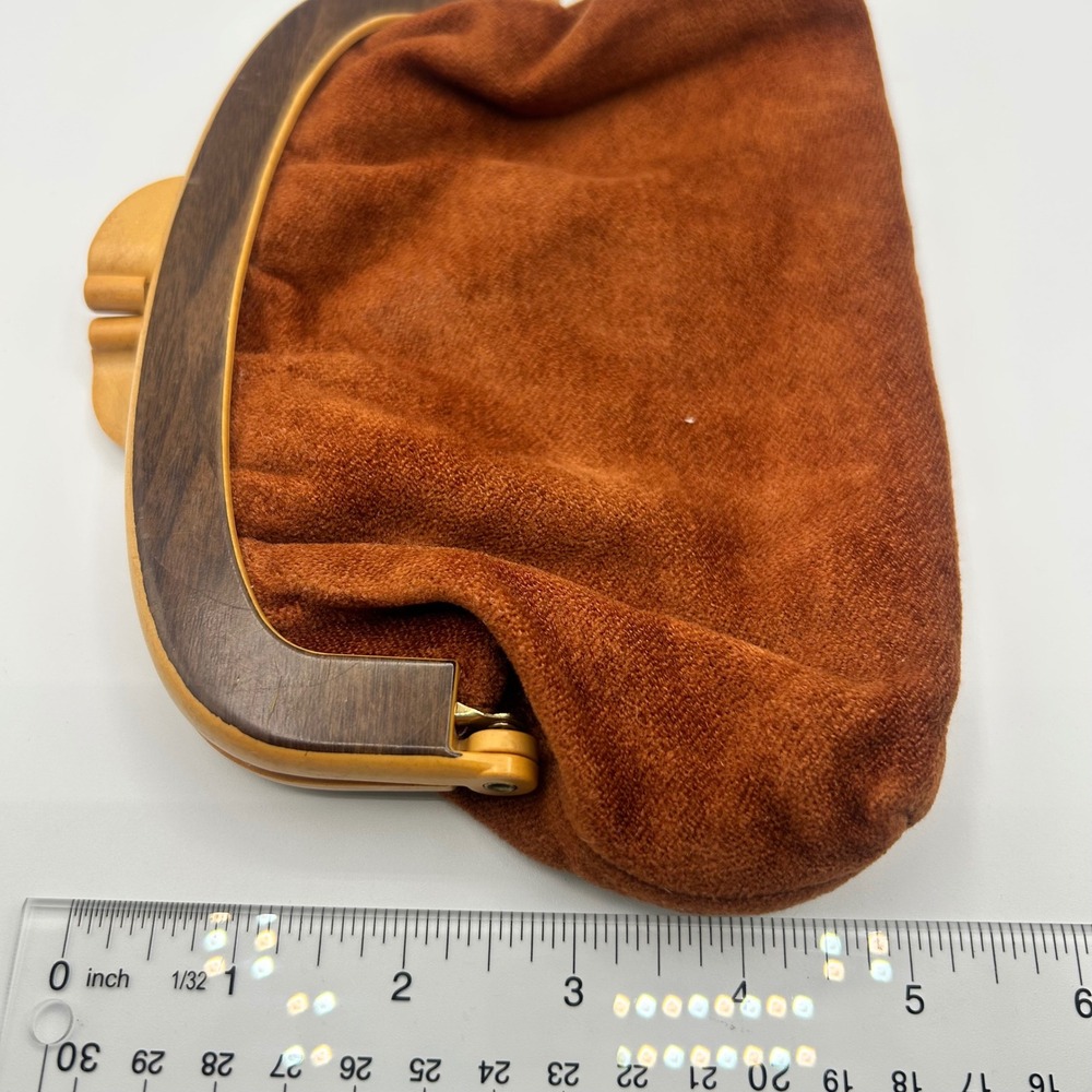Vintage Rust Orange Faux Suede Frame Clutch Bag Faux Wood Kiss Lock Hong Kong - Picture 3 of 8